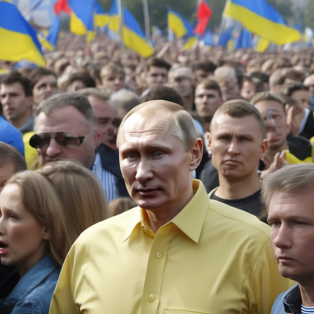 aiputin in a pro ukraine demonstration   in yellow and blue shirt amazing awesome portrait 2