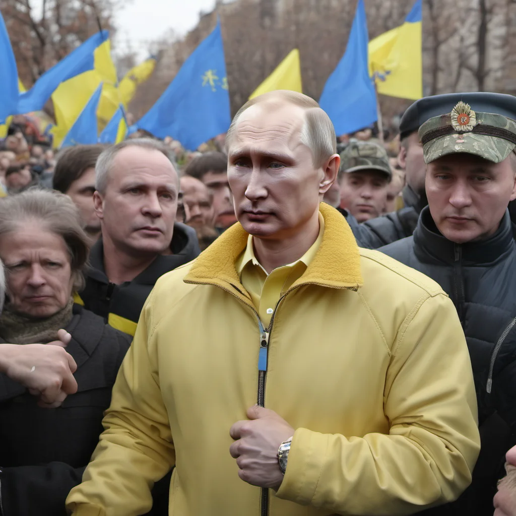 putin in a pro ukraine demonstration   in yellow and blue shirt