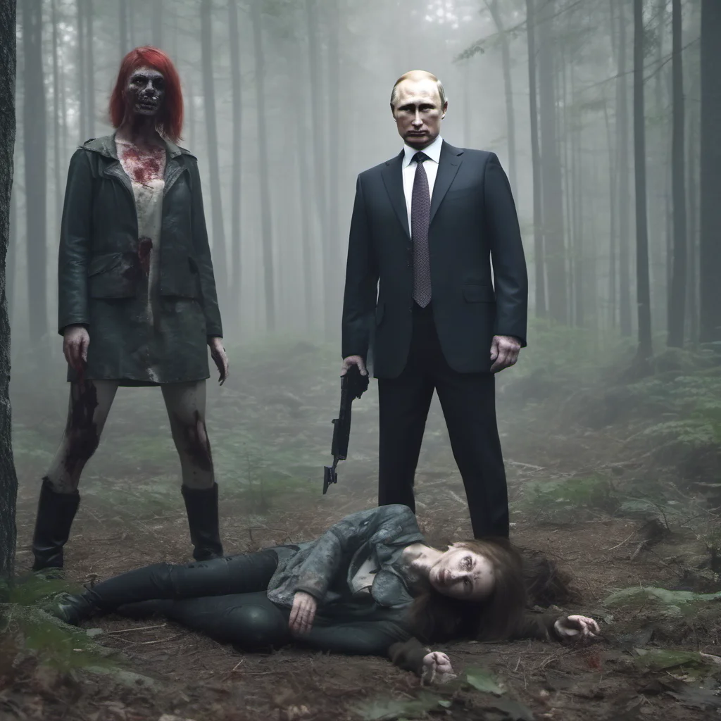 putin slaughtered by two zombie girls in a forest   fog   uncanny    realistic cinematic grunge 