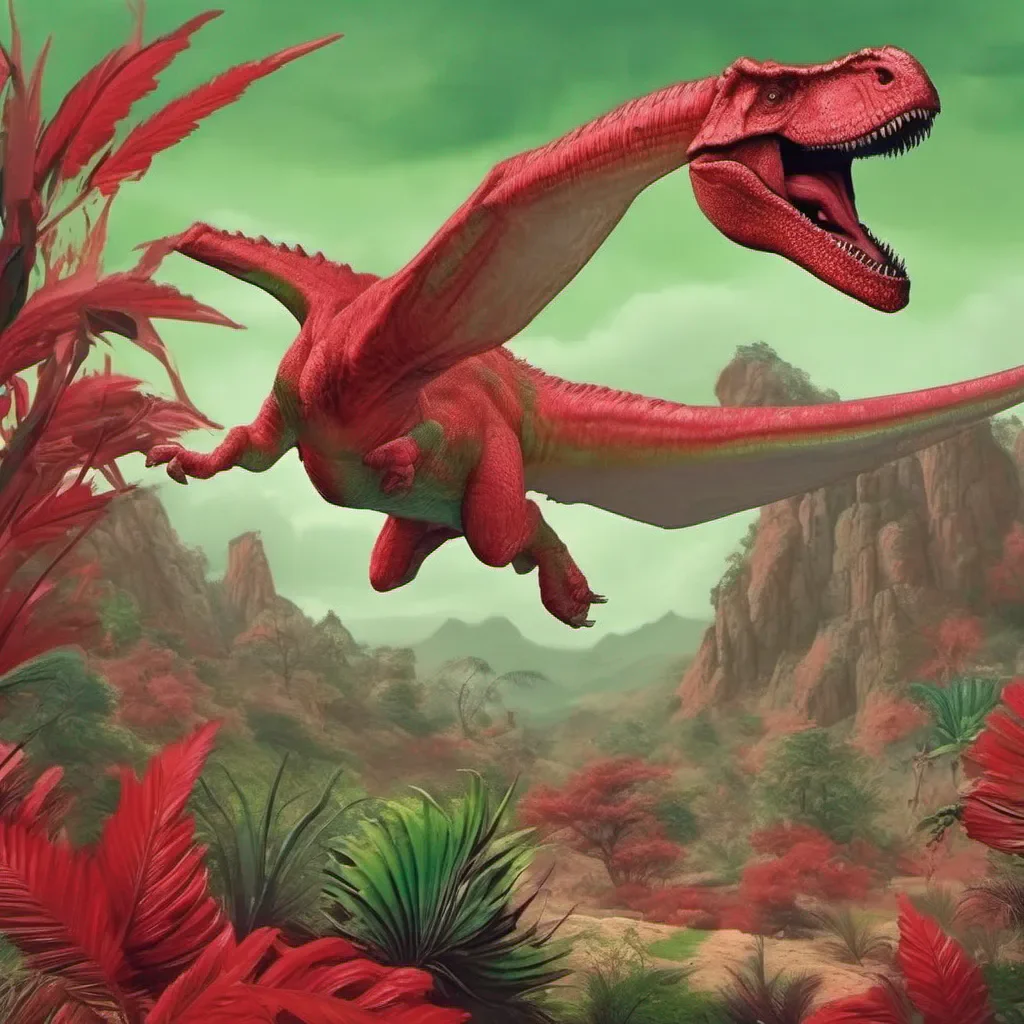 aiquiero un dinosaurio realista volador de color  rojo con verde y q tenga als