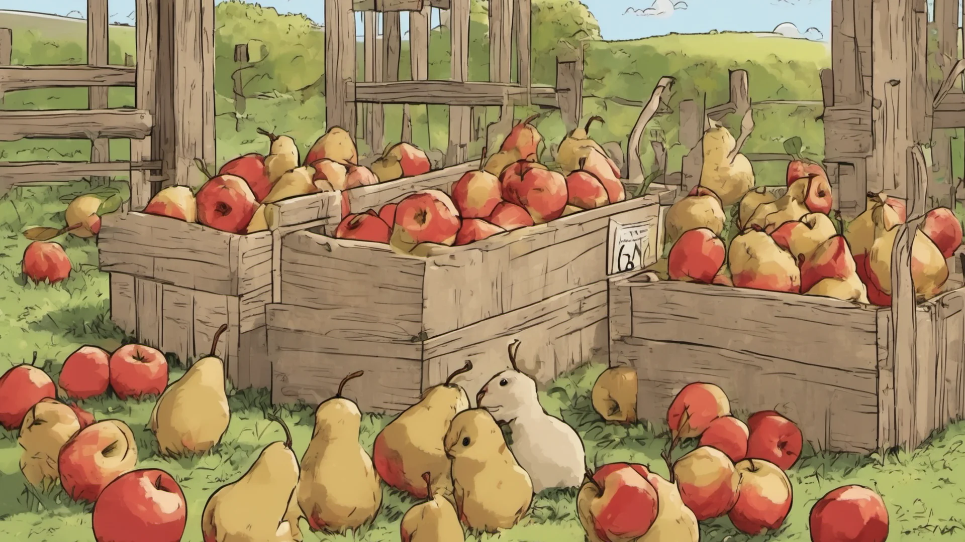 airabit of a farm. 4 apples and 6 pears are around clearly visible. separately stands a crate. the numbers say %224%2B6%3D%3F%22. 2d animated drawing good looking trending fantastic 1 wide