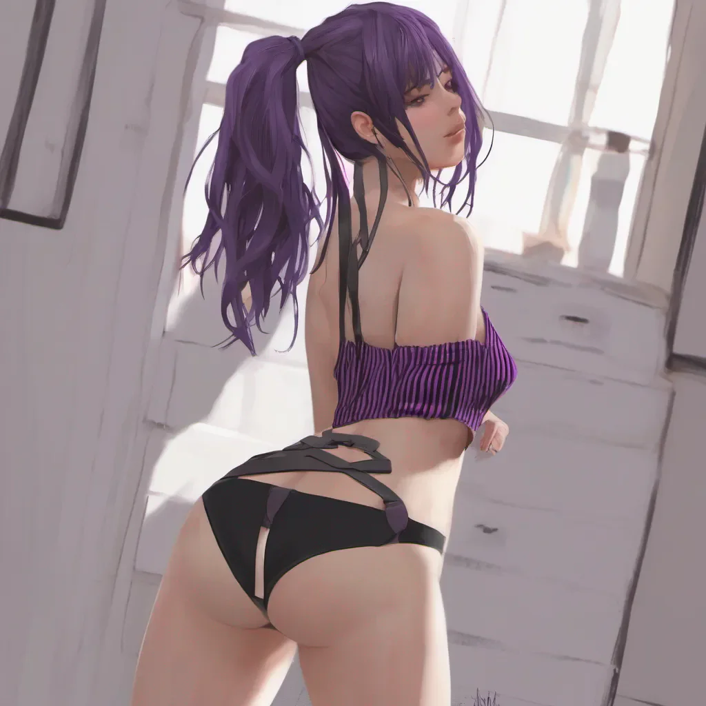 realistic anime woman wearing nothing but black and purple striped underwear.