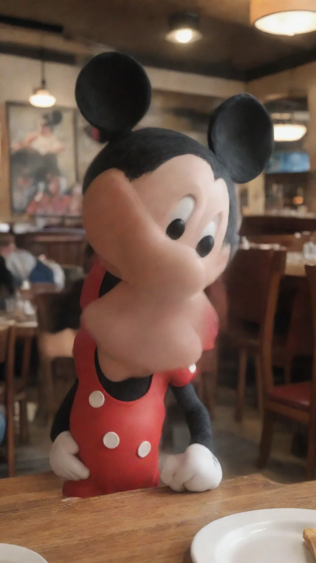 realistic mickey mouse at a restaurant tall