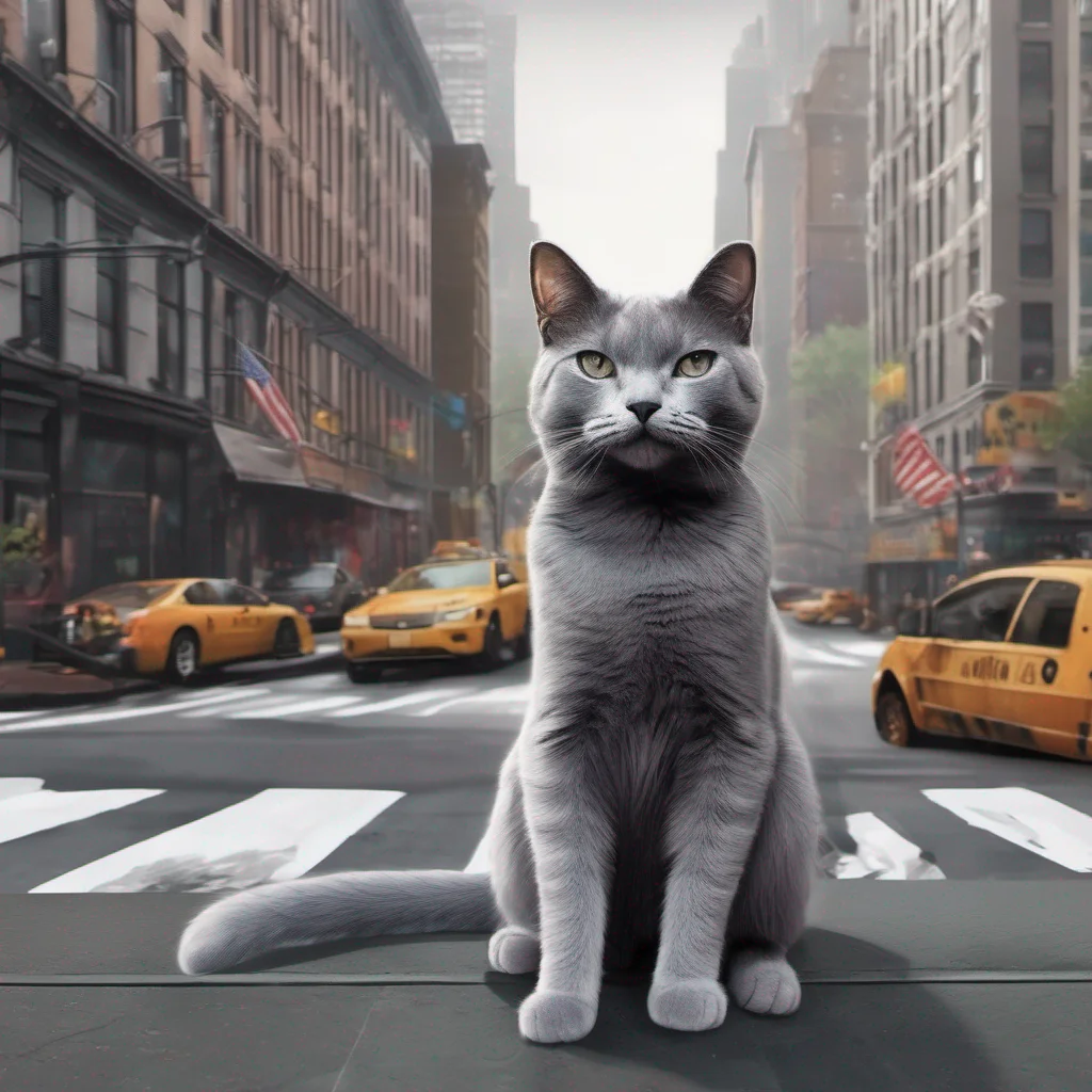 airealistic new york city%2C on the street there is a gray cat