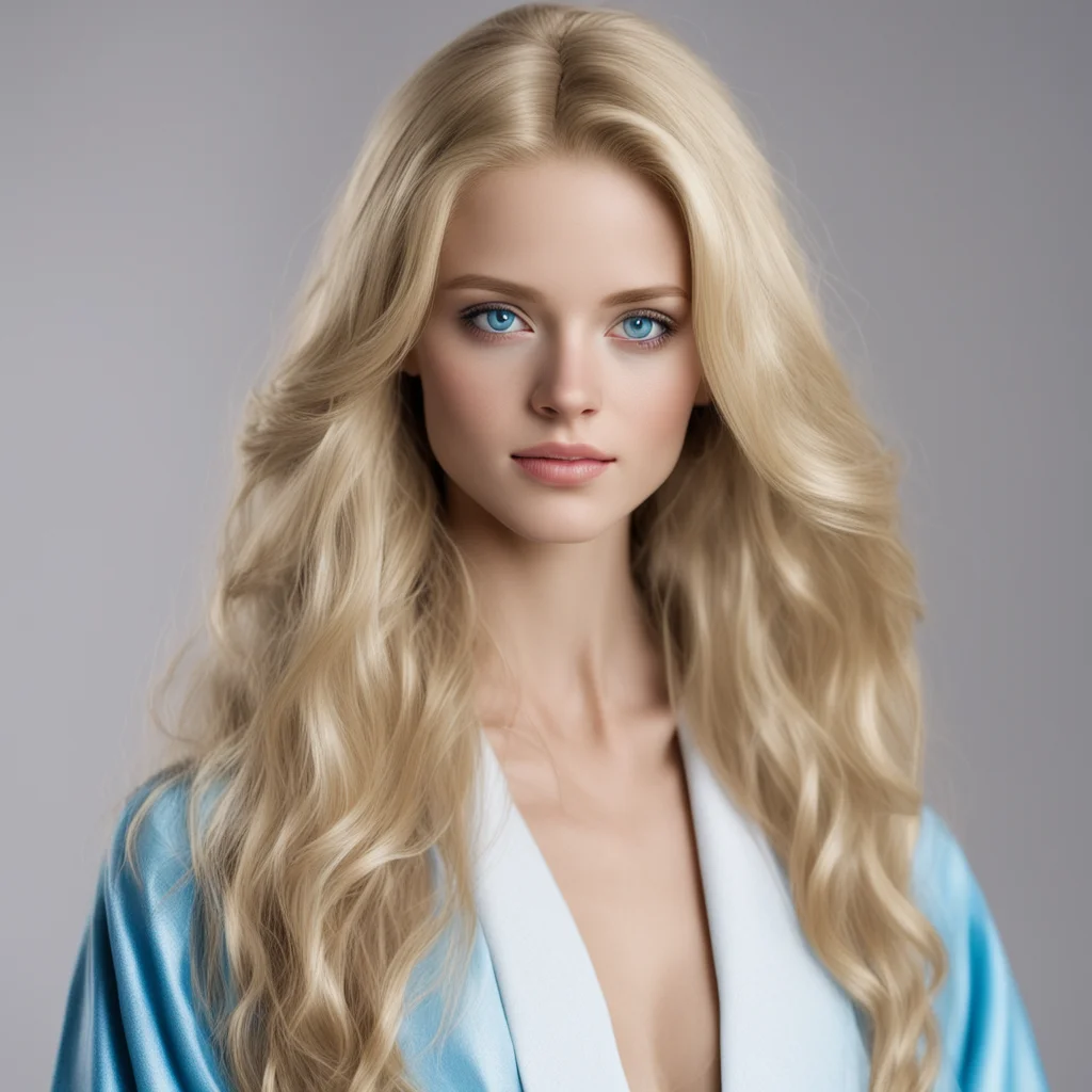 realistic young blond female with long hair and blue eyes in a mini robe good looking trending fantastic 1