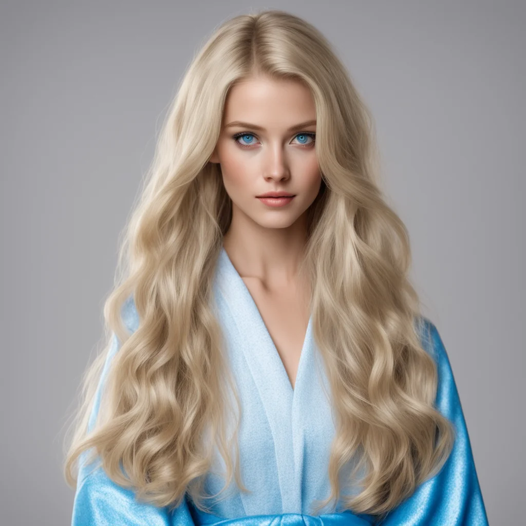 realistic young blond female with long hair and blue eyes in a mini robe