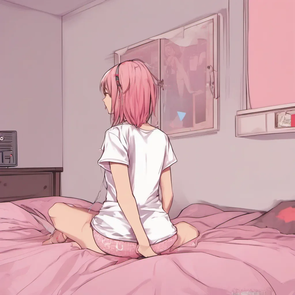 rear view of an adorable gamer anime girl sitting on the bed and wearing only a white t shirt and pink panties amazing awesome portrait 2