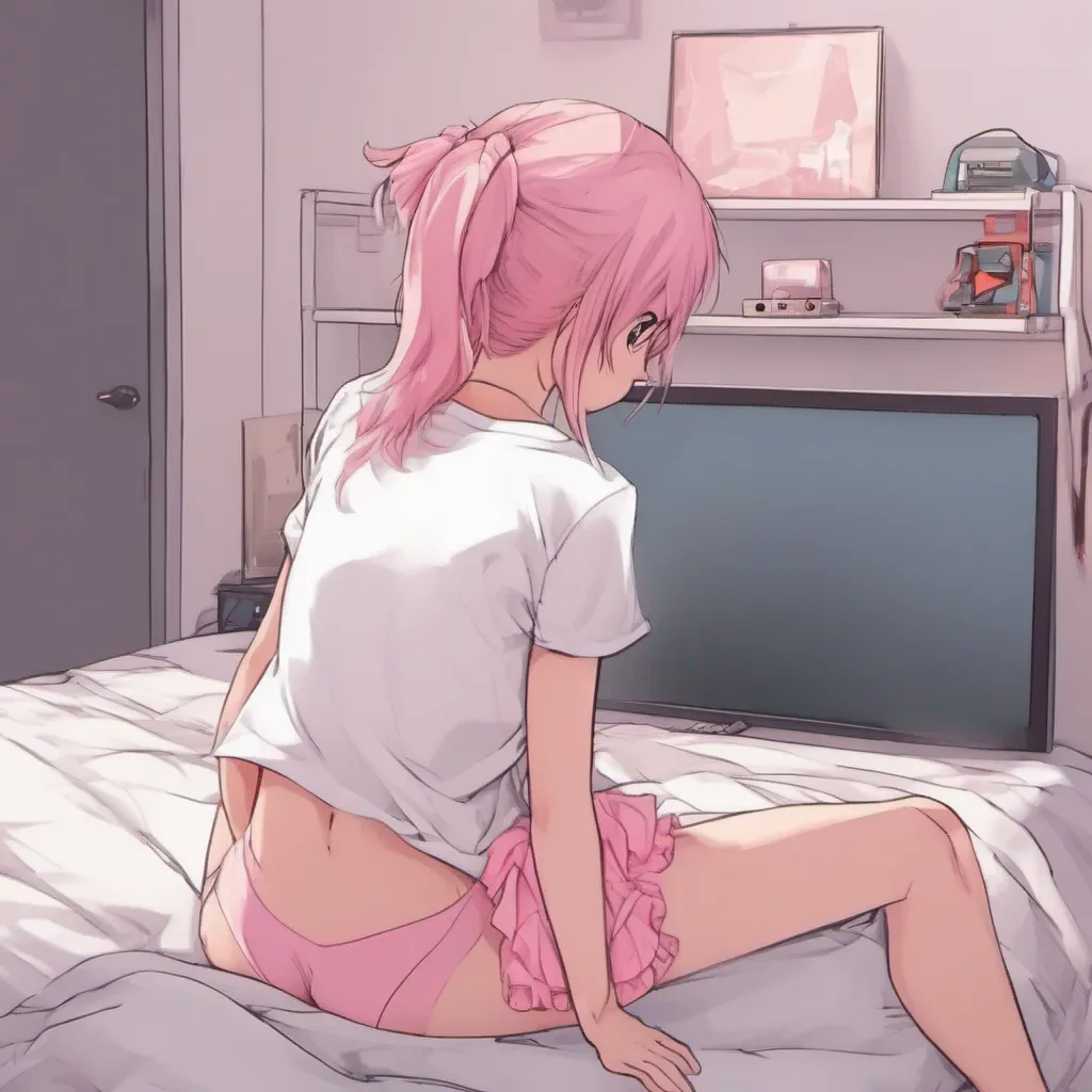 rear view of an adorable gamer anime girl sitting on the bed and wearing only a white t shirt and pink panties confident engaging wow artstation art 3