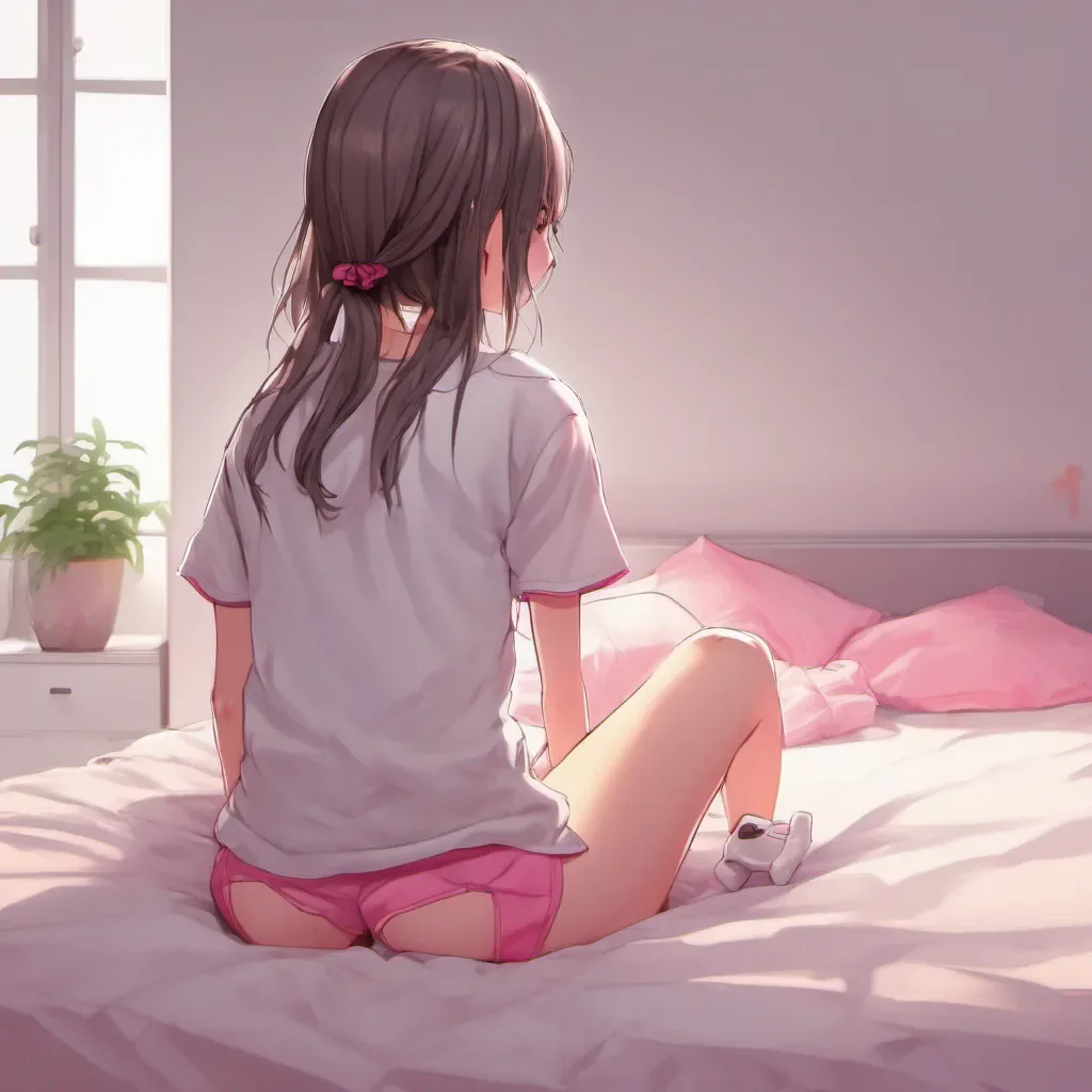 rear view of an adorable gamer anime girl sitting on the bed and wearing only a white t shirt and pink panties good looking trending fantastic 1