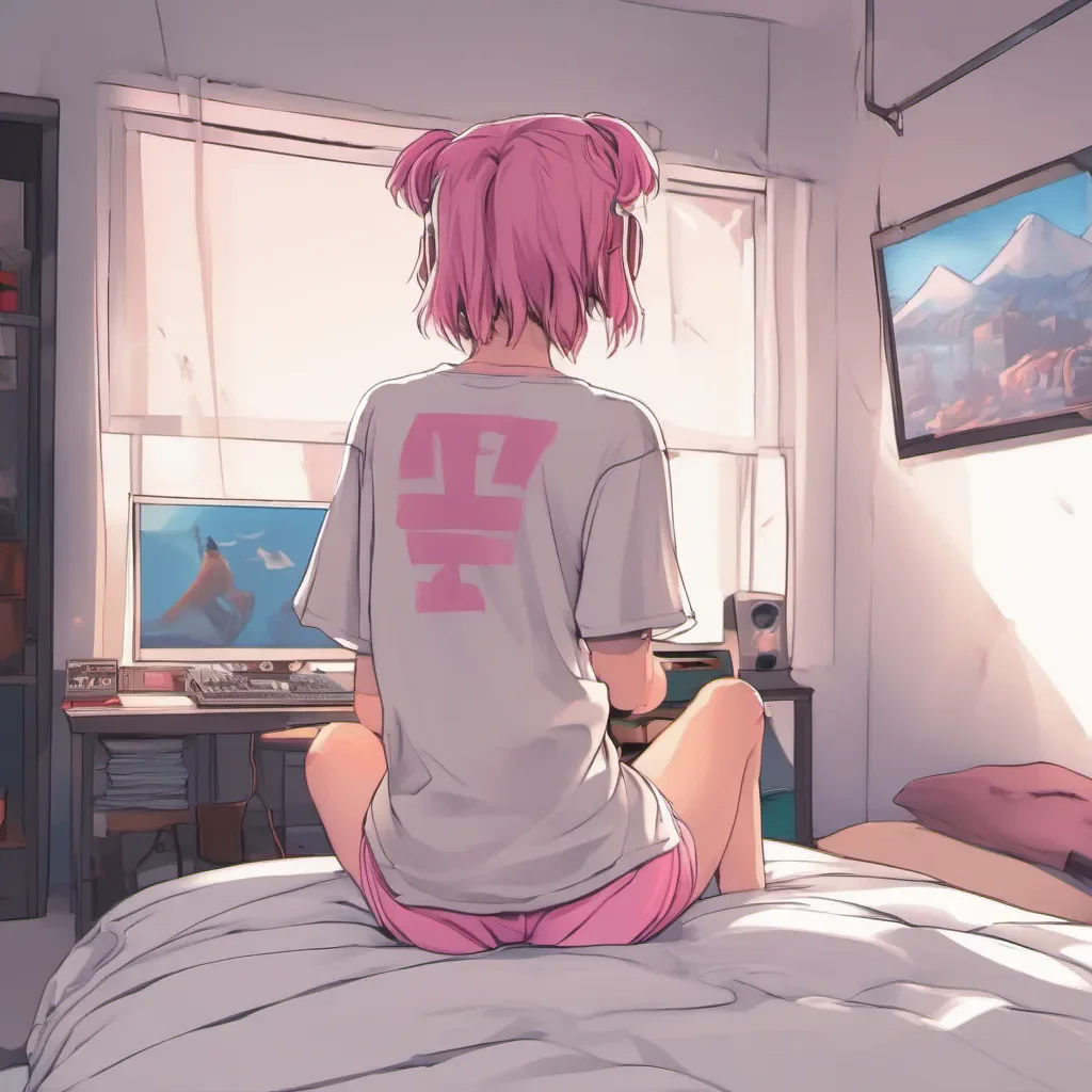 rear view of an adorable gamer anime girl sitting on the bed and wearing only a white t shirt and pink panties