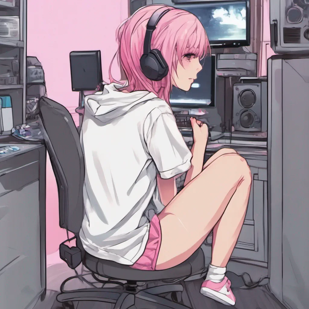 rear view of an adorable gamer anime woman sitting on the bad and wearing only a white t shirt and pink panties confident engaging wow artstation art 3