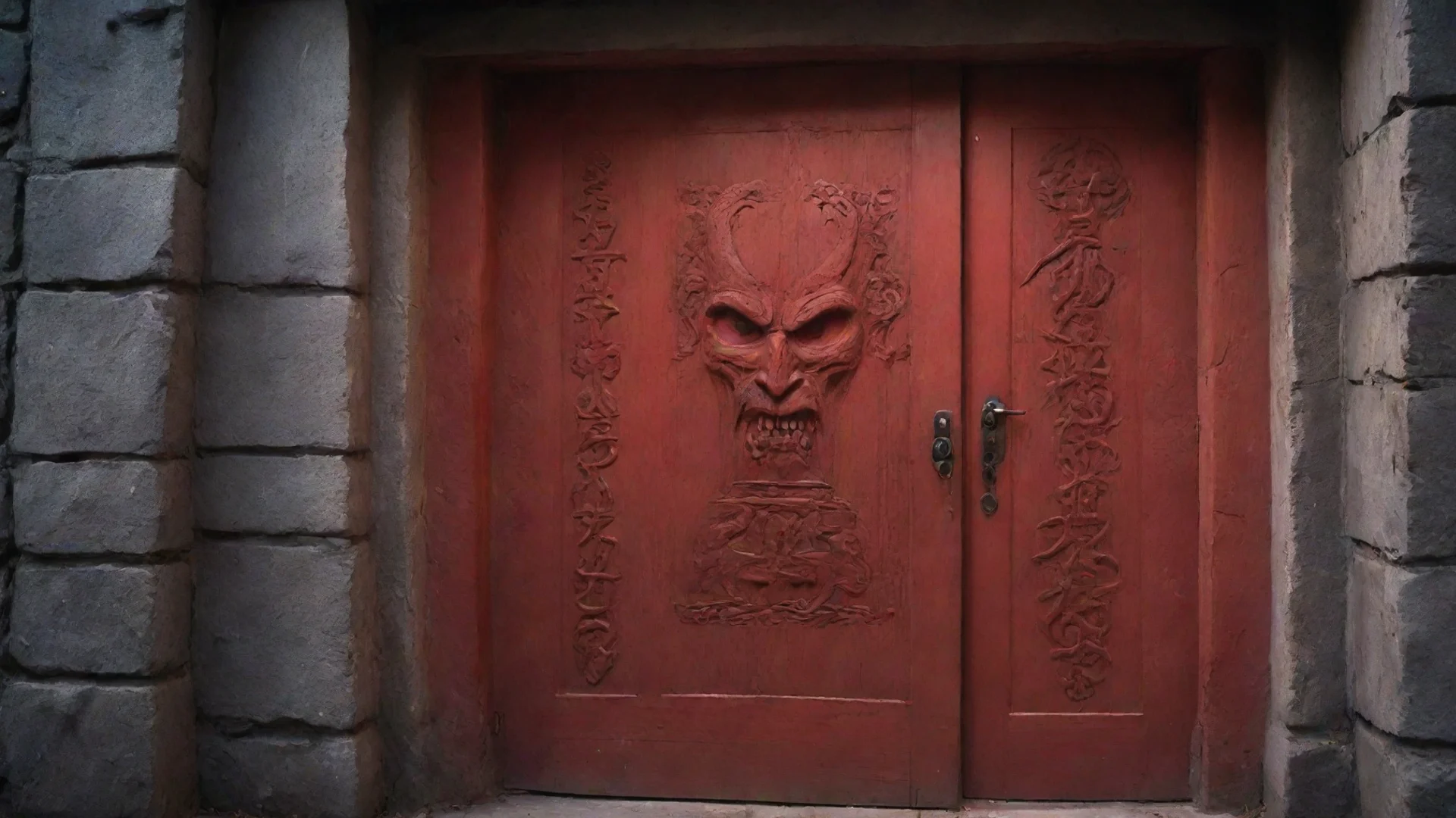 rectangular glowing red door with demonic runes carved in the side wide