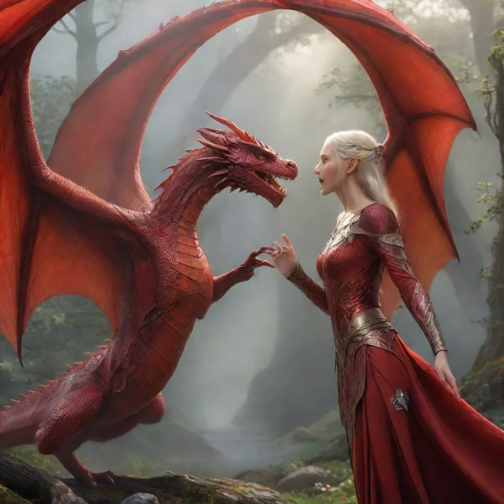 aired dragon spreads its wings and opens it mouth towards elven princess