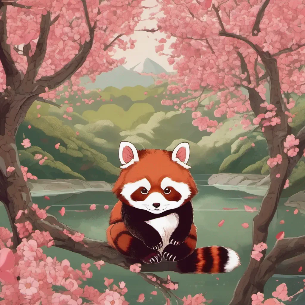 red panda in a landscape of cherry trees