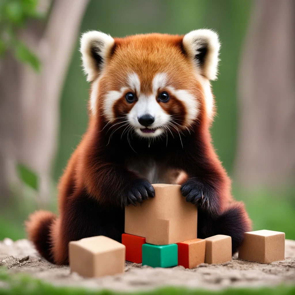 red panda playing with building blocks