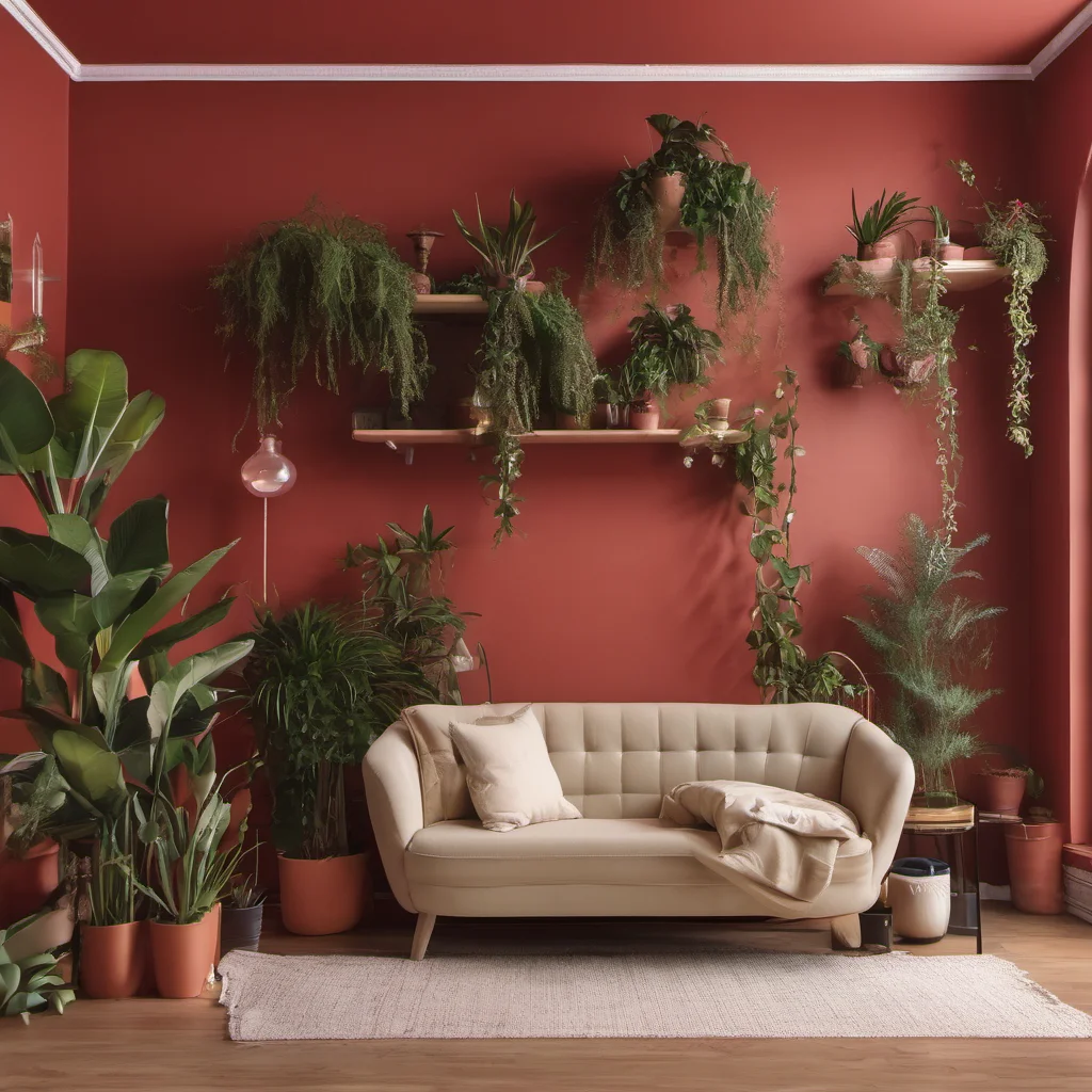 red wall in living room with plants and a beige couch