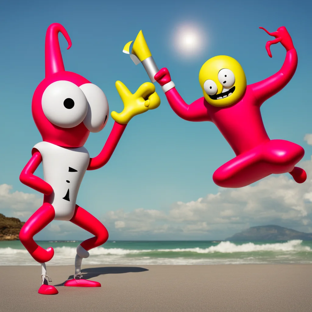 reddy kilowatt and a wacky waving inflatable tubeman fighting each other with knives