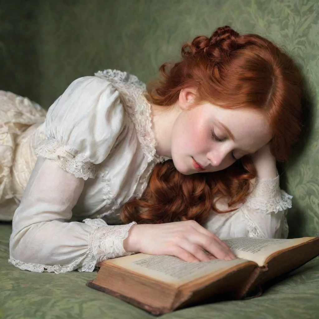 redhead victorian woman lying face down reading a book