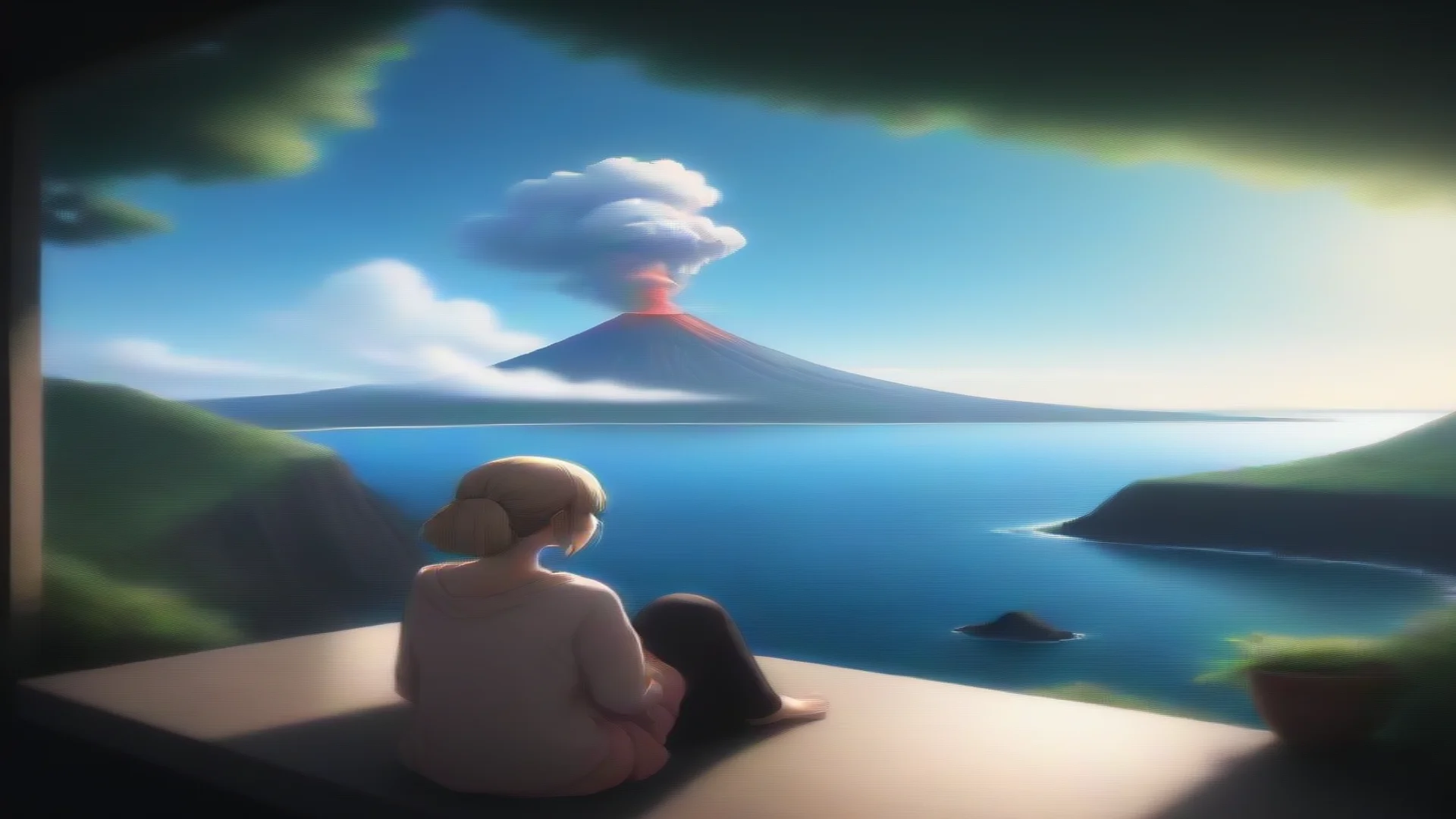 airelaxing anime scene serene lookout over ocean with volcano lovely wide