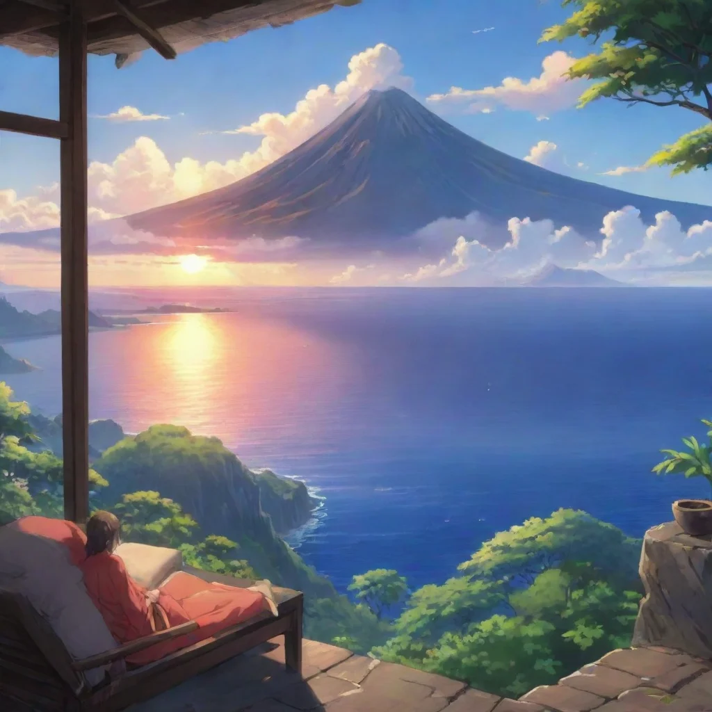 airelaxing anime scene serene lookout over ocean with volcano