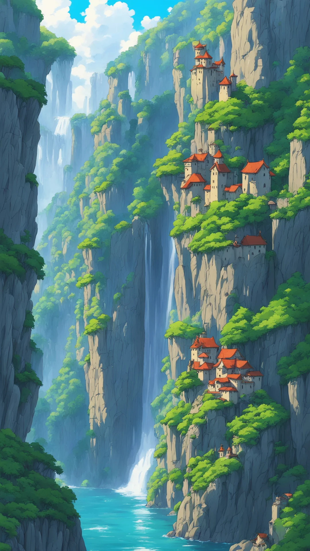 relaxing castle beautiful cliffs and waterfalls ghibli anime amazing awesome portrait 2 tall