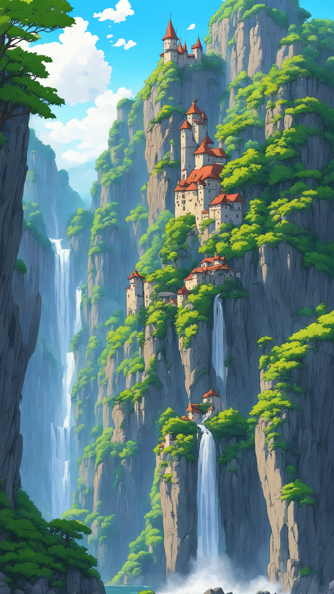 relaxing castle beautiful cliffs and waterfalls ghibli anime confident engaging wow artstation art 3 tall