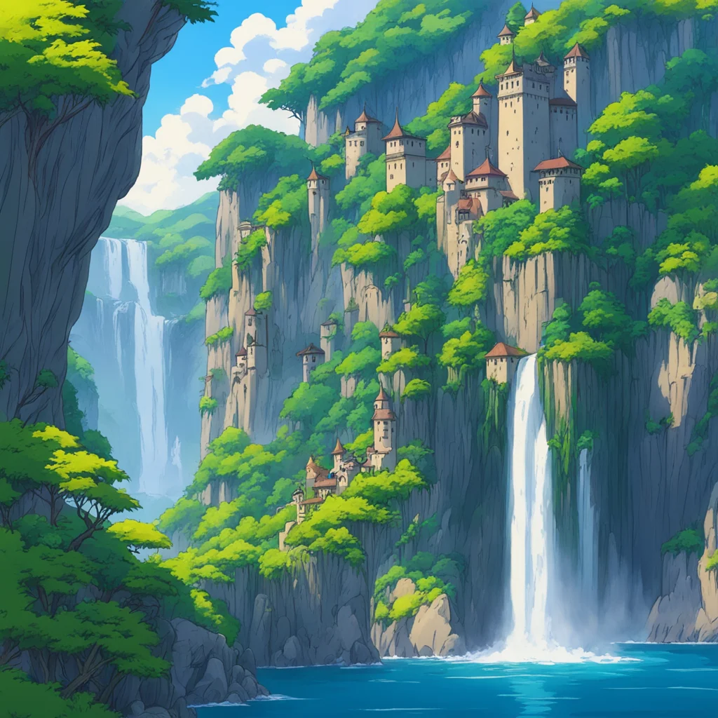 airelaxing castle beautiful cliffs and waterfalls ghibli anime