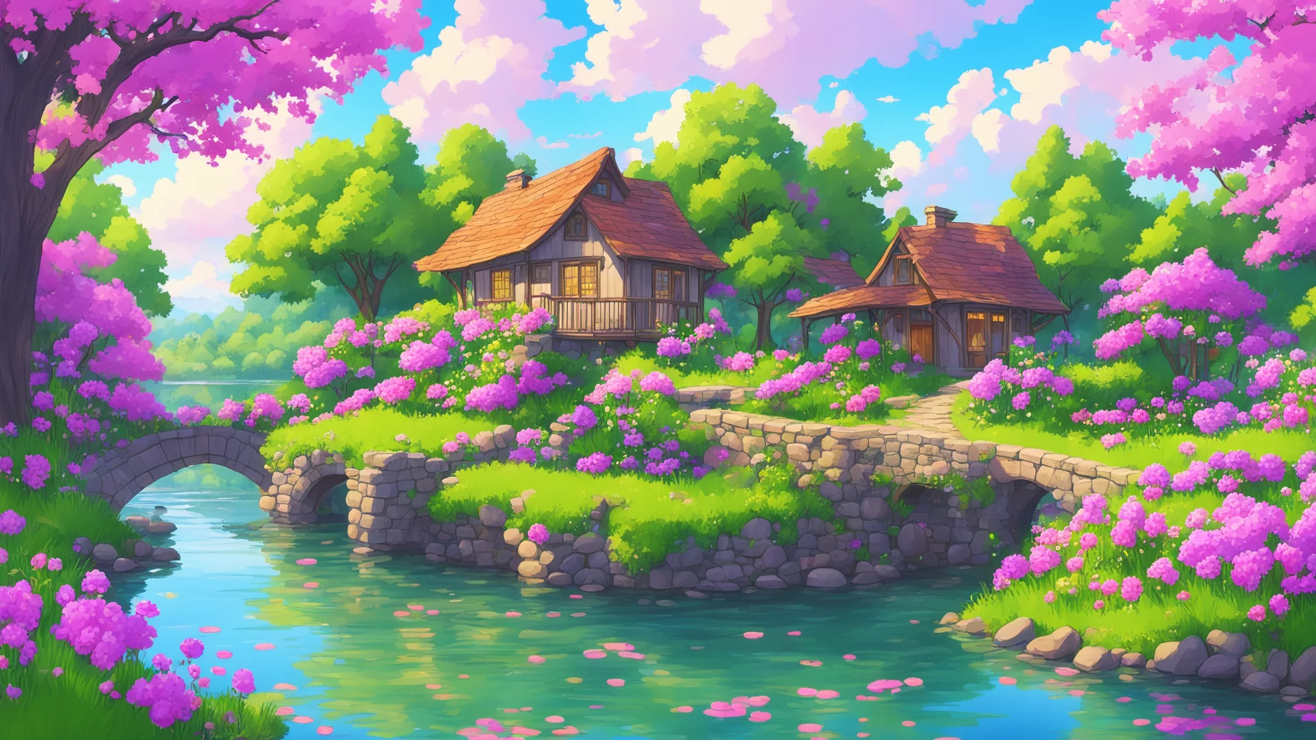 airelaxing cosy landscape flowers cottage lake with bridge over%2C peaceful relaxing colorful flowers and trees surrounding house anime amazing awesome portrait 2 wide