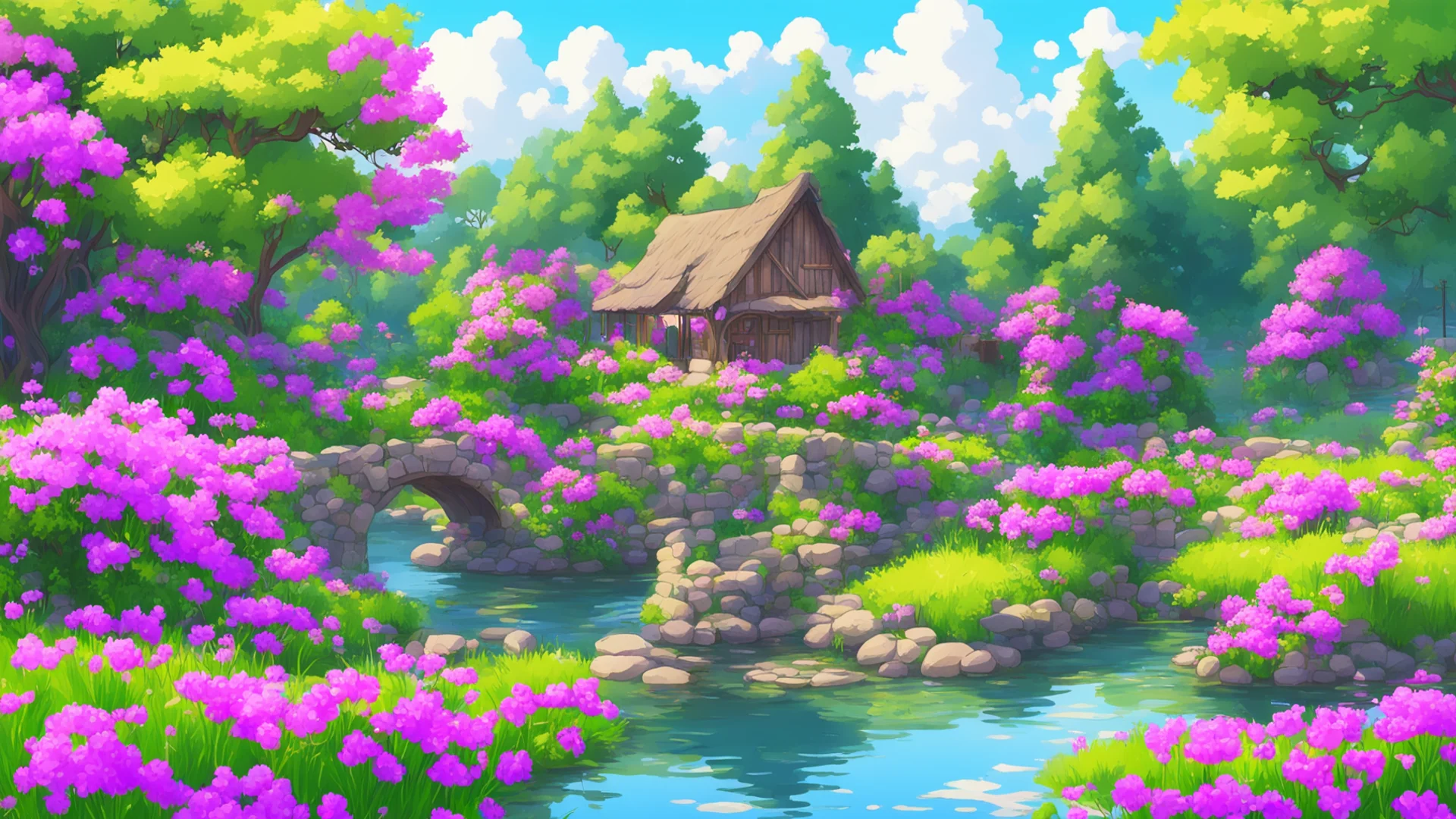 airelaxing cosy landscape flowers cottage lake with bridge over%2C peaceful relaxing colorful flowers and trees surrounding house anime confident engaging wow artstation art 3 wide