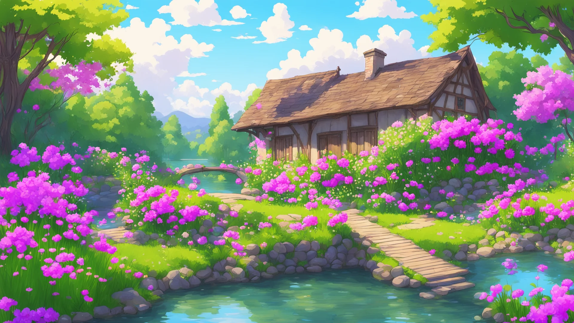 airelaxing cosy landscape flowers cottage lake with bridge over%2C peaceful relaxing colorful flowers and trees surrounding house anime good looking trending fantastic 1 wide
