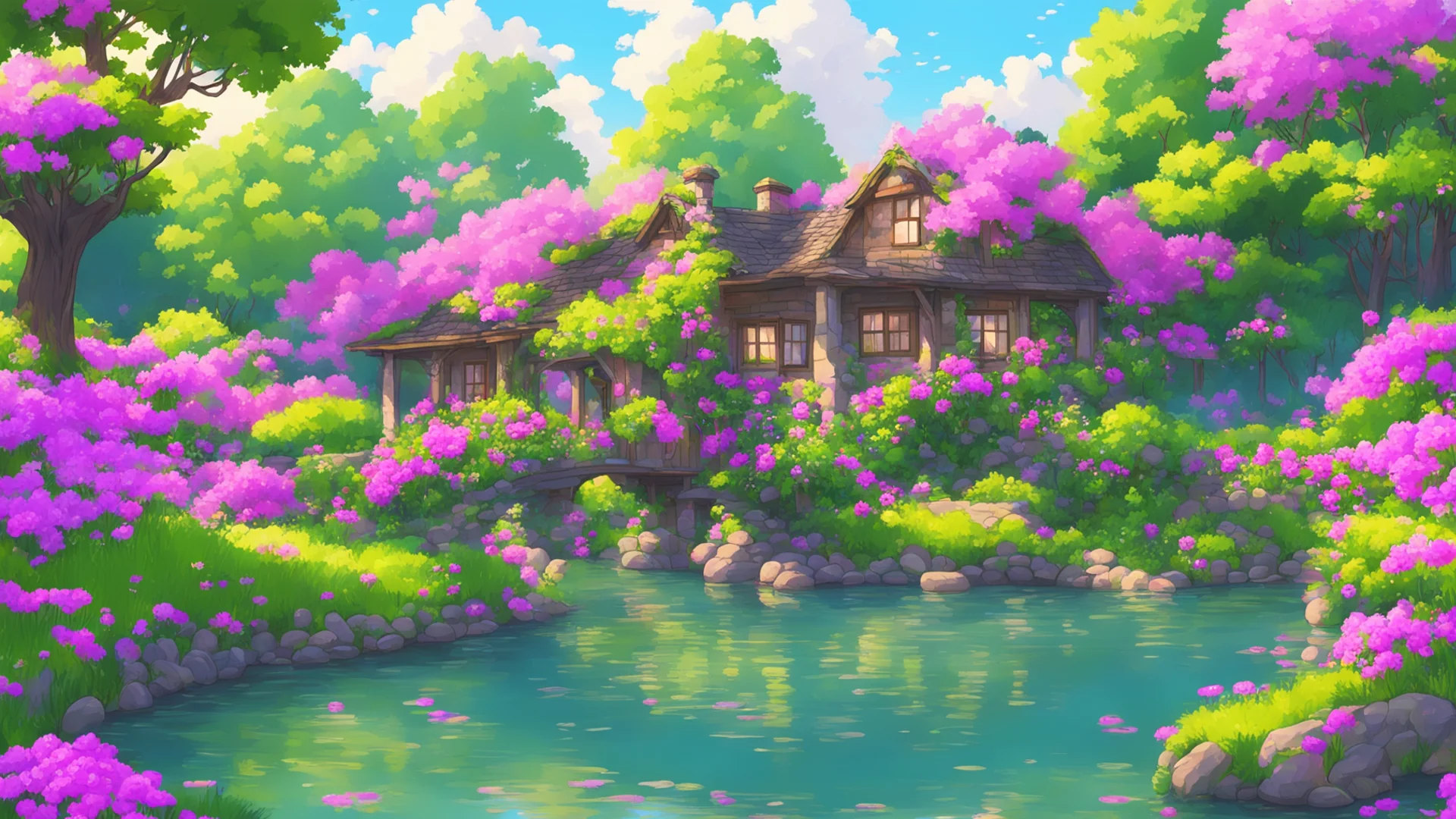 airelaxing cosy landscape flowers cottage lake with bridge over%2C peaceful relaxing colorful flowers and trees surrounding house anime wide