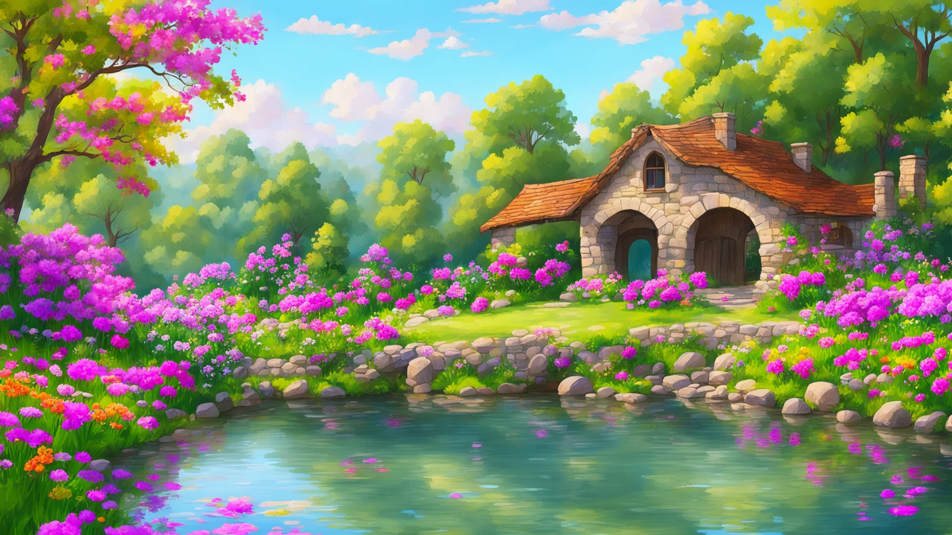 airelaxing cosy landscape flowers cottage lake with bridge over%2C peaceful relaxing colorful flowers and trees surrounding house confident engaging wow artstation art 3 wide