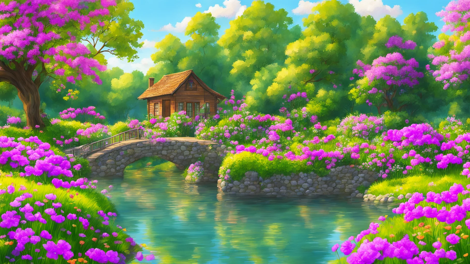 airelaxing cosy landscape flowers cottage lake with bridge over%2C peaceful relaxing colorful flowers and trees surrounding house good looking trending fantastic 1 wide