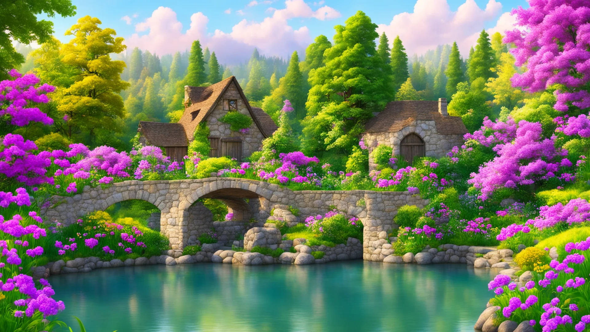 airelaxing cosy landscape flowers cottage lake with bridge over%2C peaceful relaxing colorful flowers and trees surrounding house wide