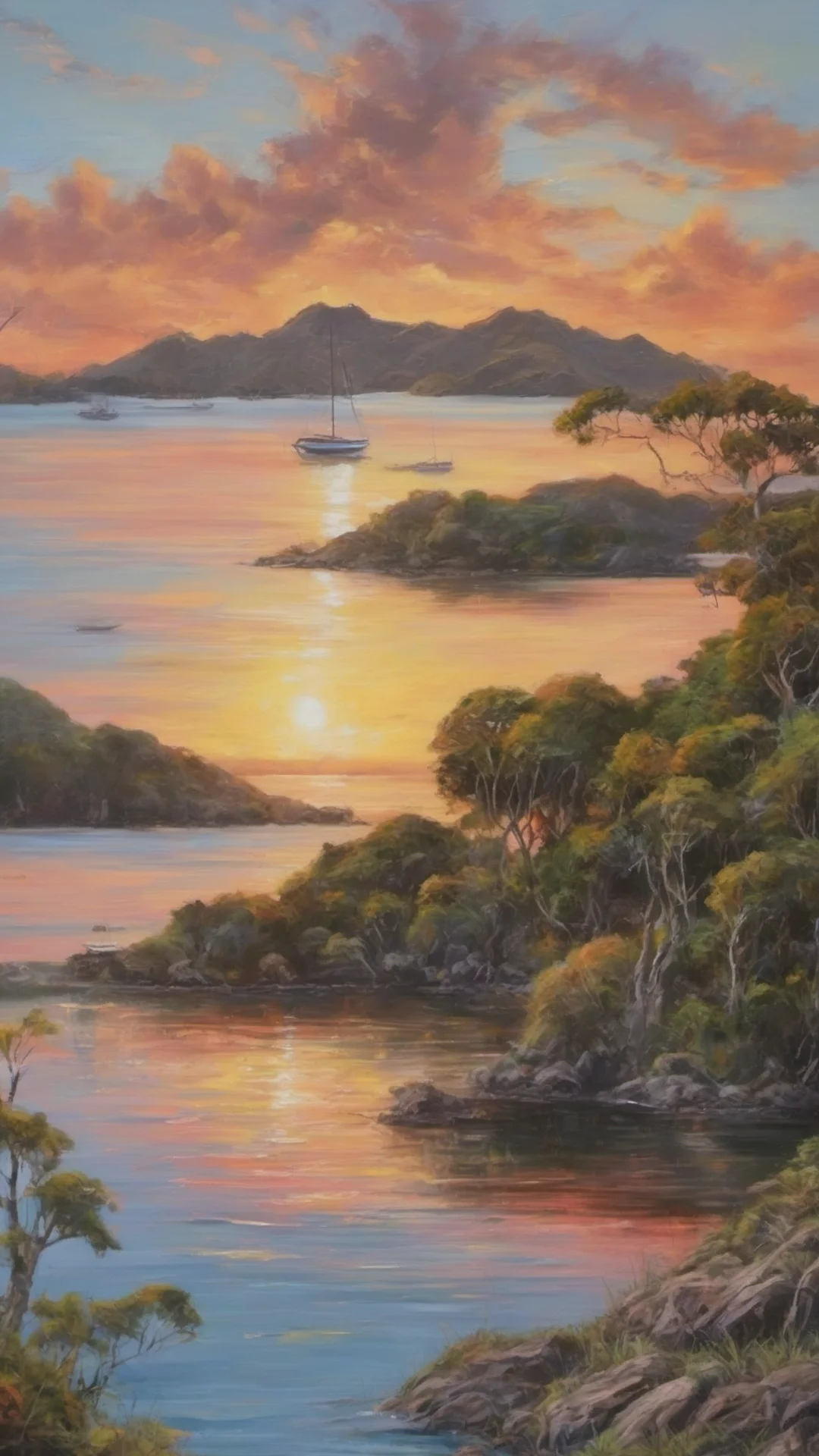 relaxing landscape bay of islands amazing sunset detailed oil strokese good looking trending fantastic 1 tall