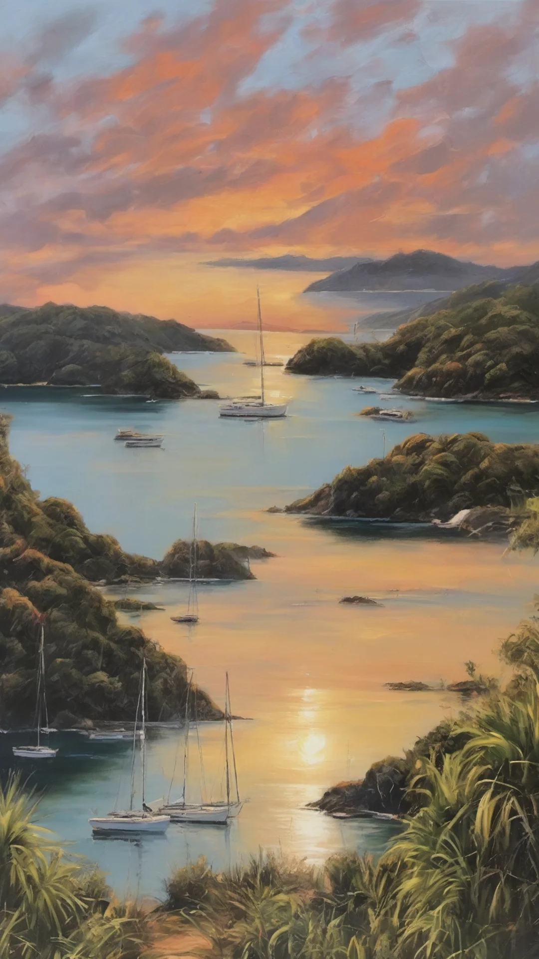 airelaxing landscape bay of islands amazing sunset detailed oil strokese tall