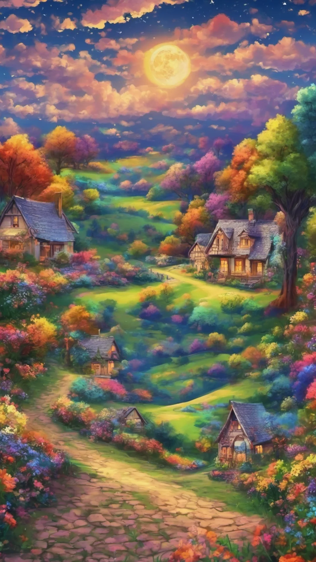 airelaxing landscape colorful trees colorful flowers colorful stary sky moon%2C cottages relaxing clouds beautiful epic amazing awesome portrait 2 tall