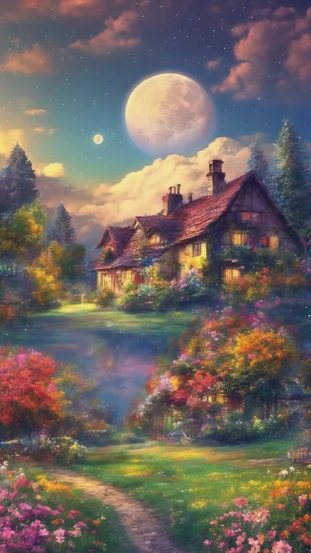 airelaxing landscape colorful trees colorful flowers colorful stary sky moon%2C cottages relaxing clouds beautiful epic confident engaging wow artstation art 3 tall
