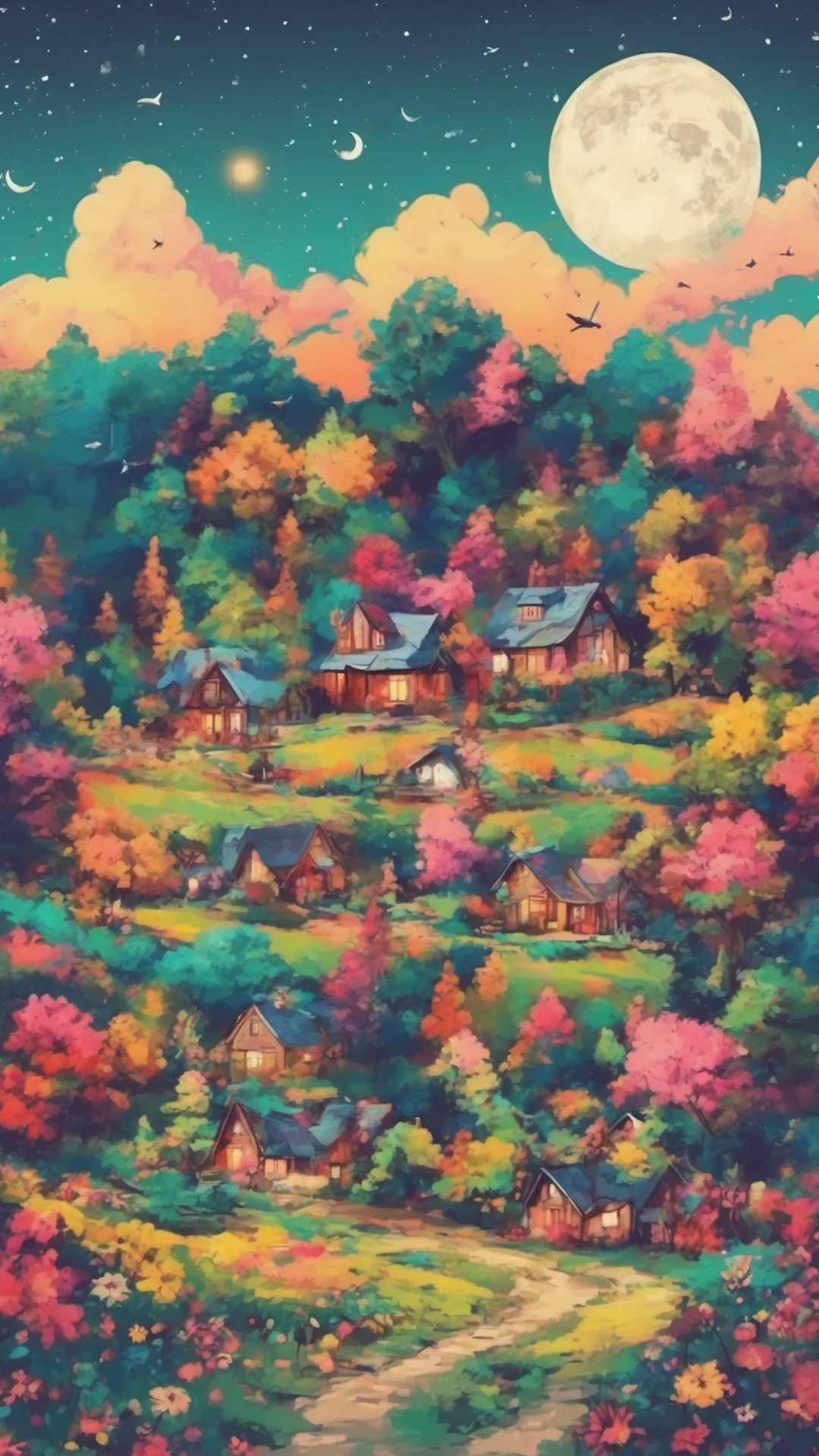 airelaxing landscape colorful trees colorful flowers colorful stary sky moon%2C cottages relaxing clouds beautiful epic tall