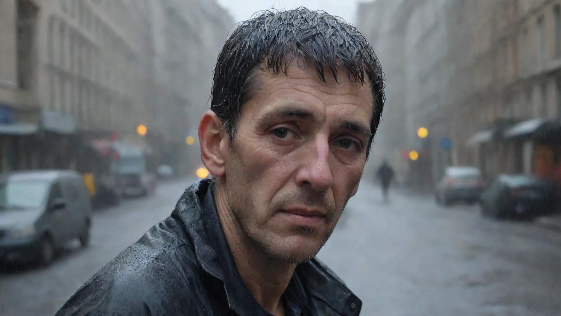 airetrato de un hombre de treinta a%C3%B1os en la ciudad. llueve. est%C3%A1 empapado hdwidescreen