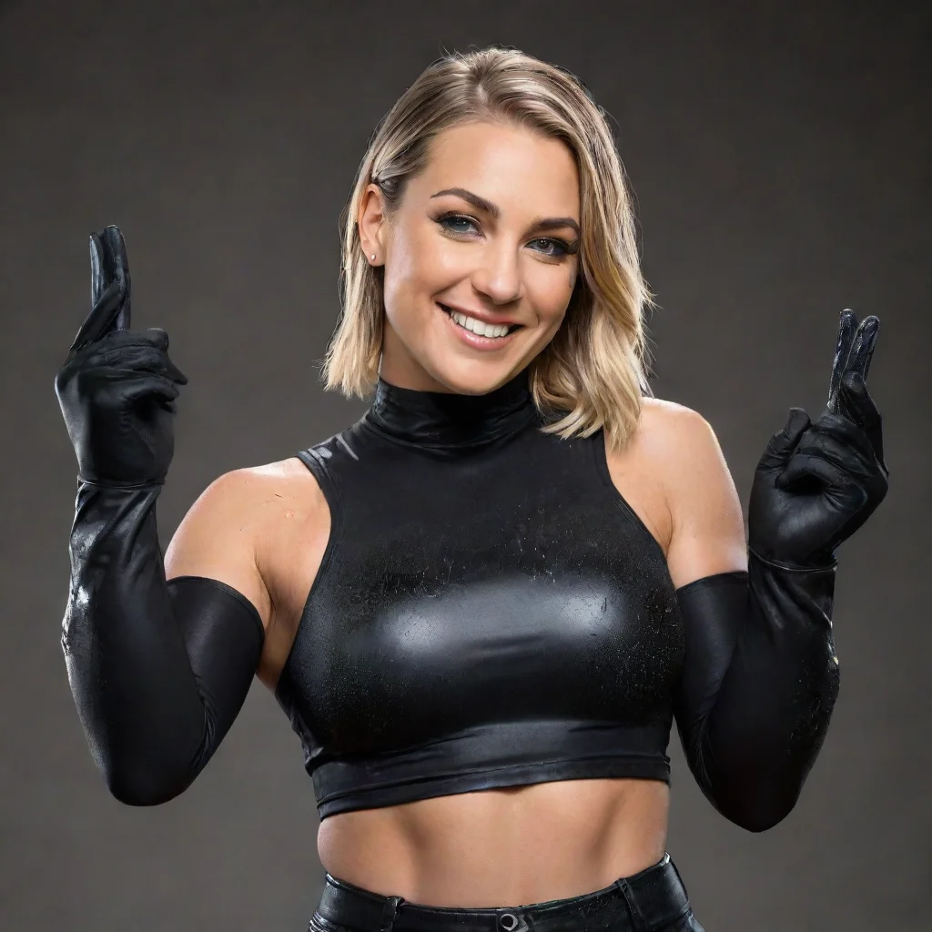 rhea ripley smiling  with black comfy nitrile gloves  and gun and mayonnaise splattered everywhere