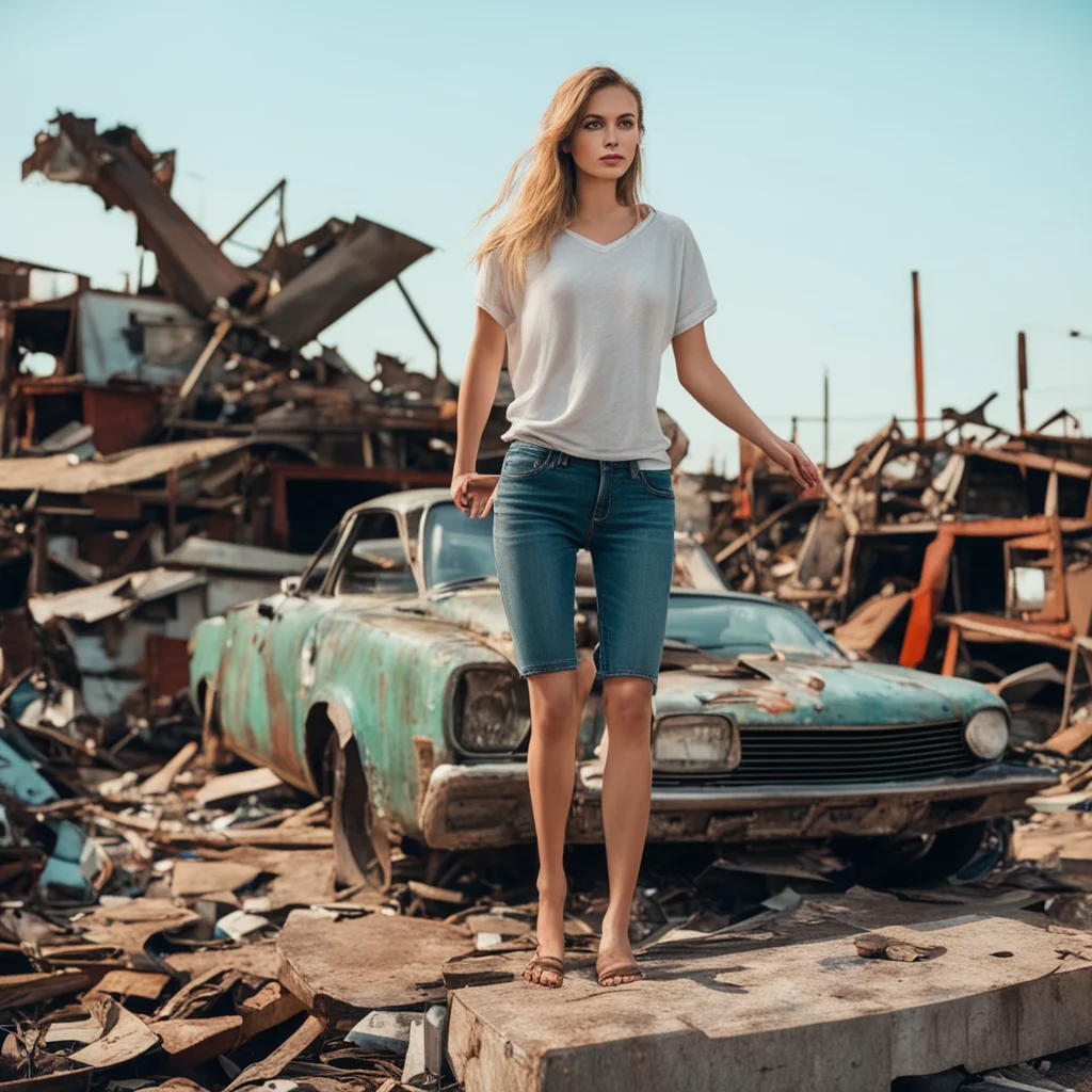 rich barefoot young woman stands on car in junkyard  amazing awesome portrait 2