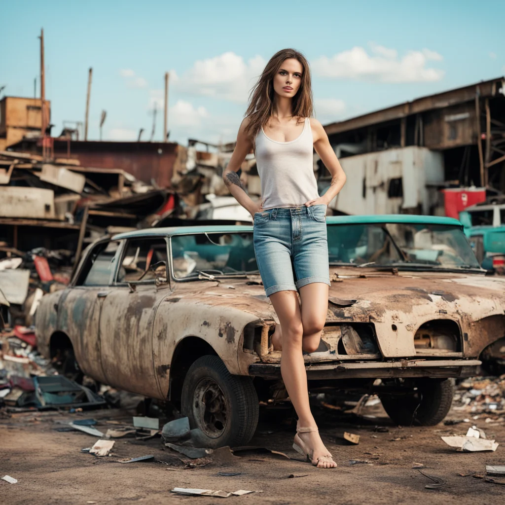 rich barefoot young woman stands on car in junkyard  confident engaging wow artstation art 3