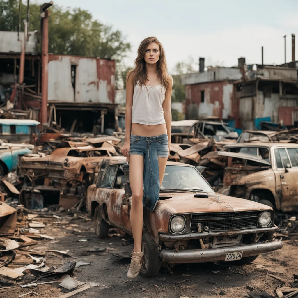 airich barefoot young woman stands on car in junkyard  good looking trending fantastic 1