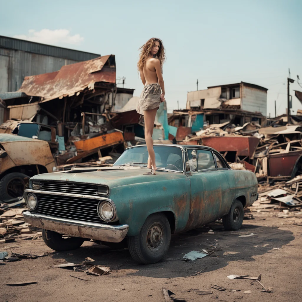 airich barefoot young woman stands on car in junkyard 
