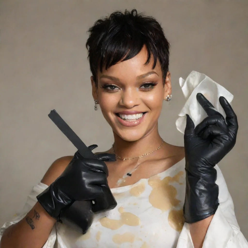 airihanna  smiling  with black comfy  nitrile gloves and gun  and  mayonnaise splattered everywhere