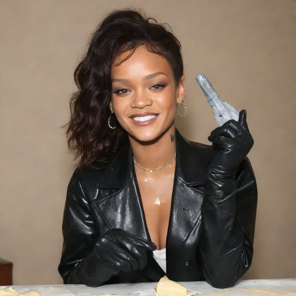 airihanna  smiling  with black comfy nitrile gloves and gun  and  mayonnaise splattered everywhere