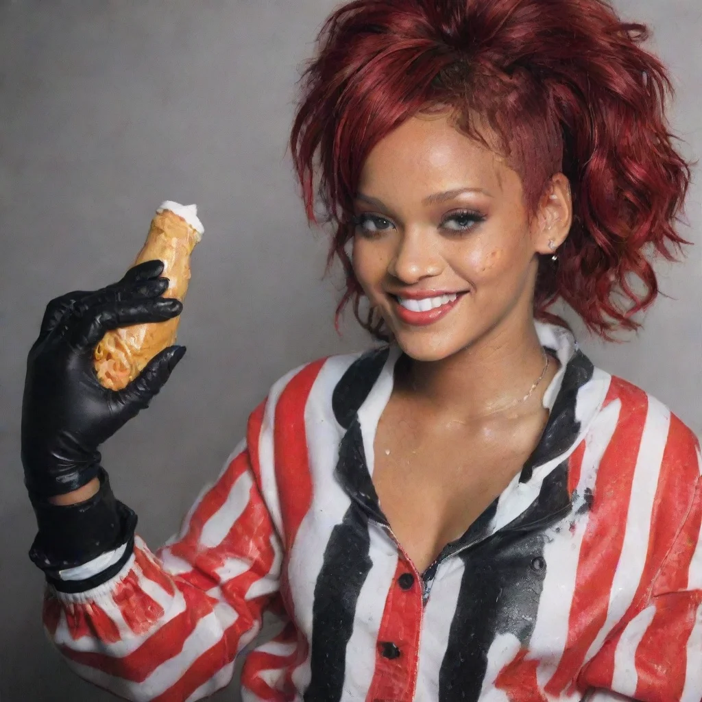 airihanna red hair smiling wearing a black and white striped  jacket over a black bathing suit with black comfy nitrile gloves  and gun and mayonnaise splattered everywhere