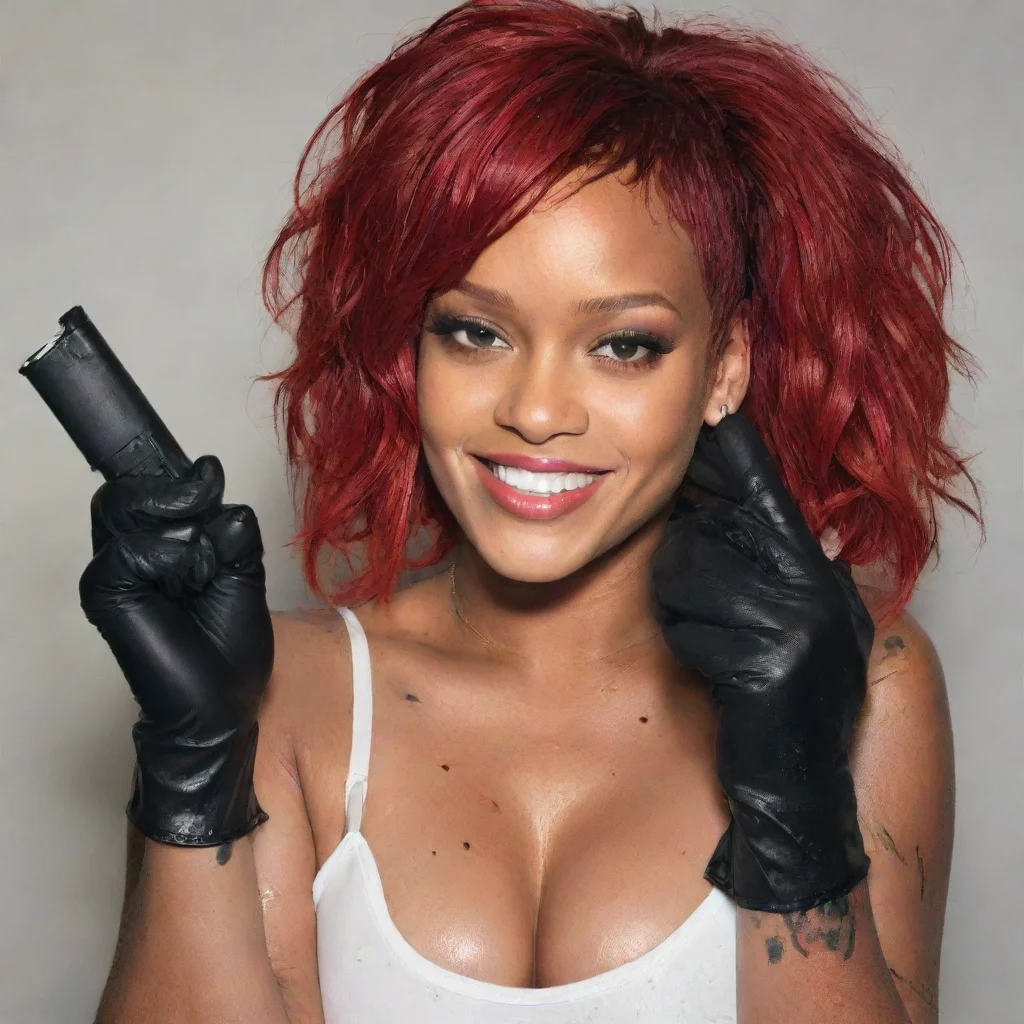airihanna red hair smiling with black comfy  nitrile gloves and gun and mayonnaise splattered everywhere