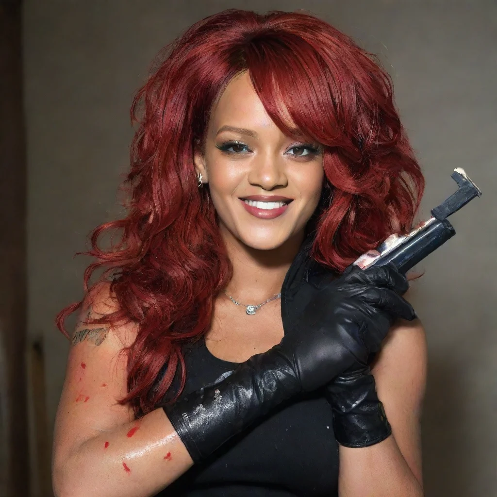 rihanna red hair smiling with black comfy nitrile gloves  and gun and mayonnaise splattered everywhere